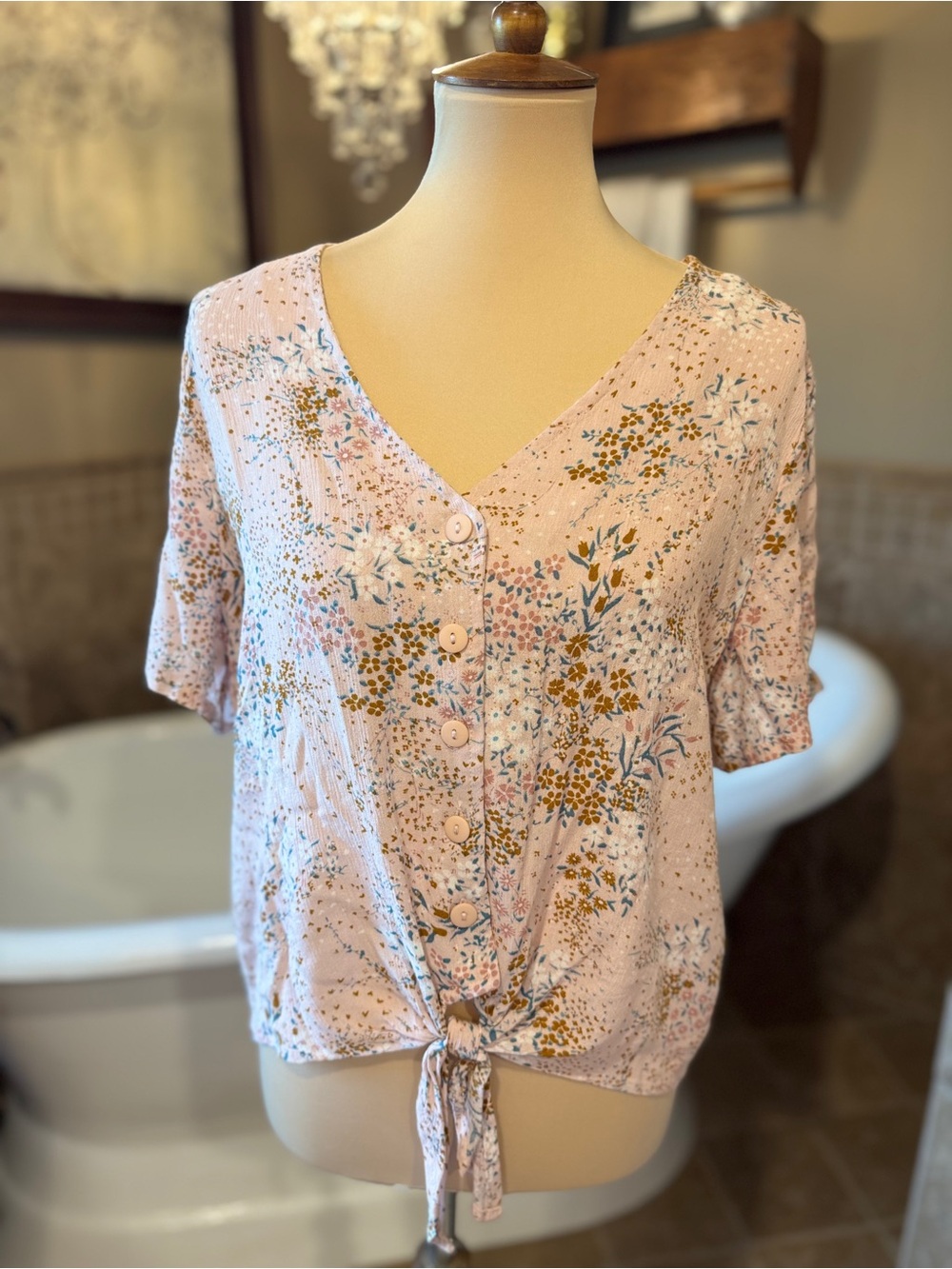 Market & Spruce Pink Floral Button-Tie Blouse large